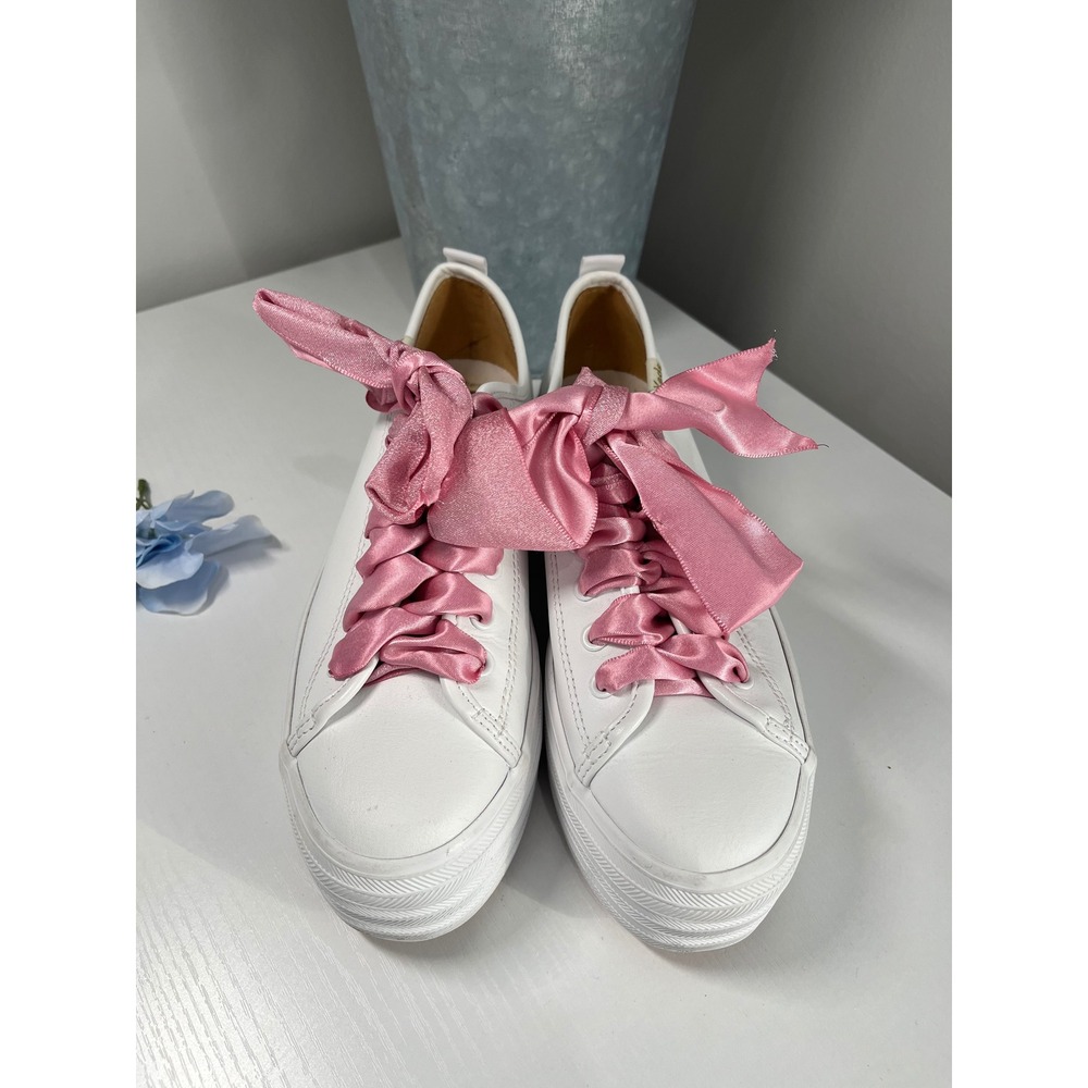 Keds‎ White Platform Sneakers Women's Size 7 Pink Satin Ribbon Laces